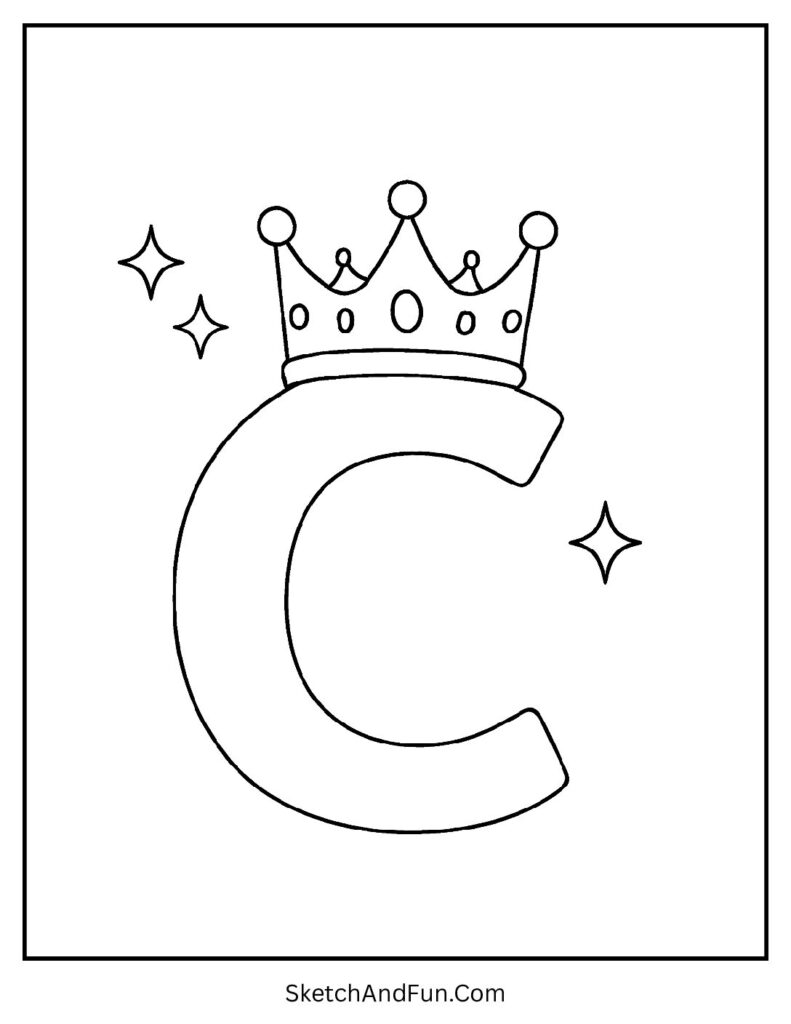 Letter C coloring pages with ASL sign featuring a shiny crown placed on top of a bold letter C.