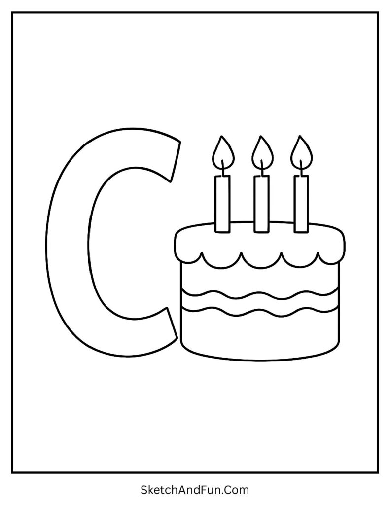 Letter C coloring pages with cactus car cake featuring a sweet cake, candles, and sprinkles beside C.