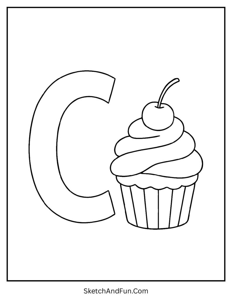 Letter C printable coloring sheet with a tasty cupcake, cherry, and stars beside the bold letter C.