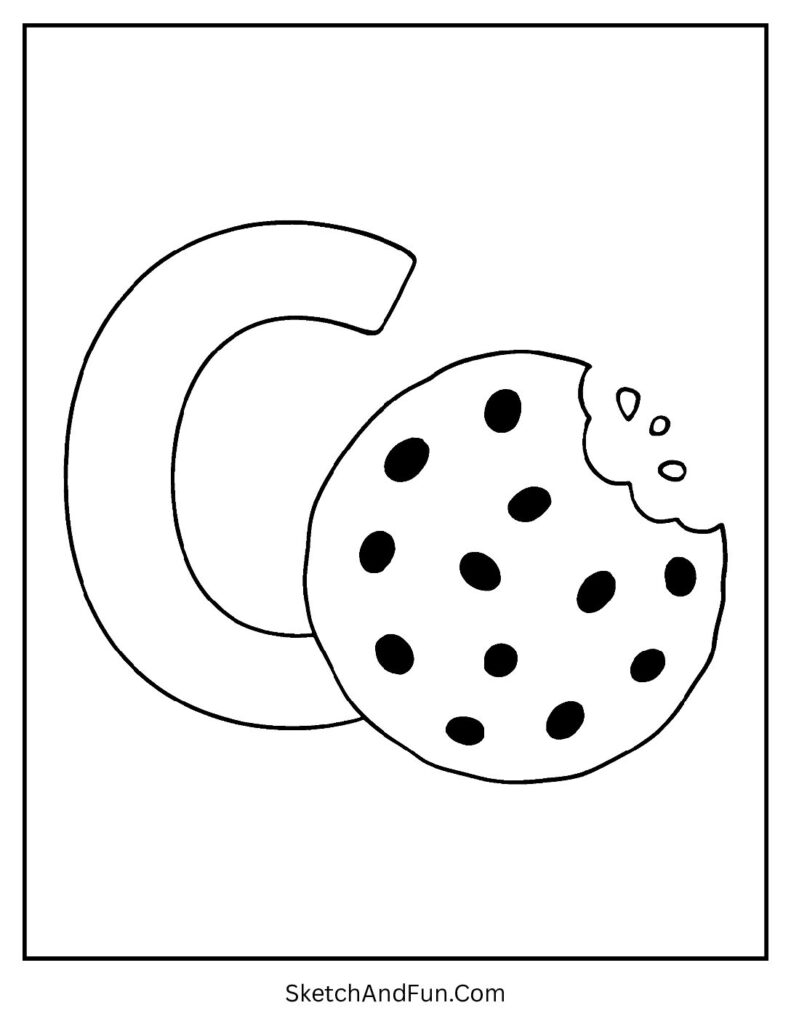 Letter C coloring pages free printable with a yummy cookie, chocolate chips, and bold letter C.