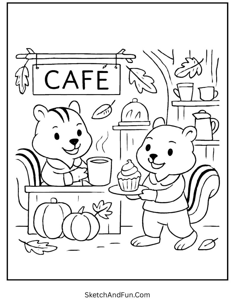 Fall coloring books for kids featuring chipmunks in a cozy woodland café