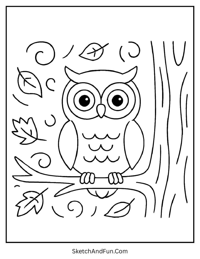 Fall coloring pages with quotes and an owl on a tree as leaves swirl gently