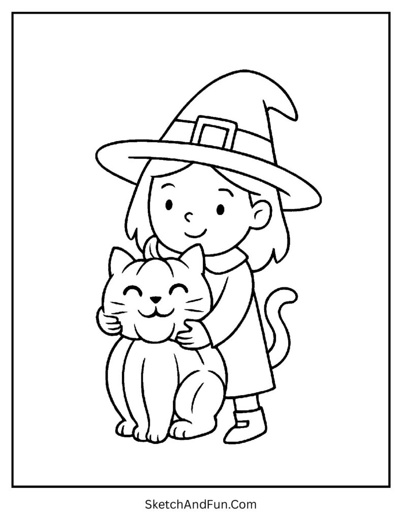 Fall coloring pages with quotes showing a witch and her pumpkin-shaped cat