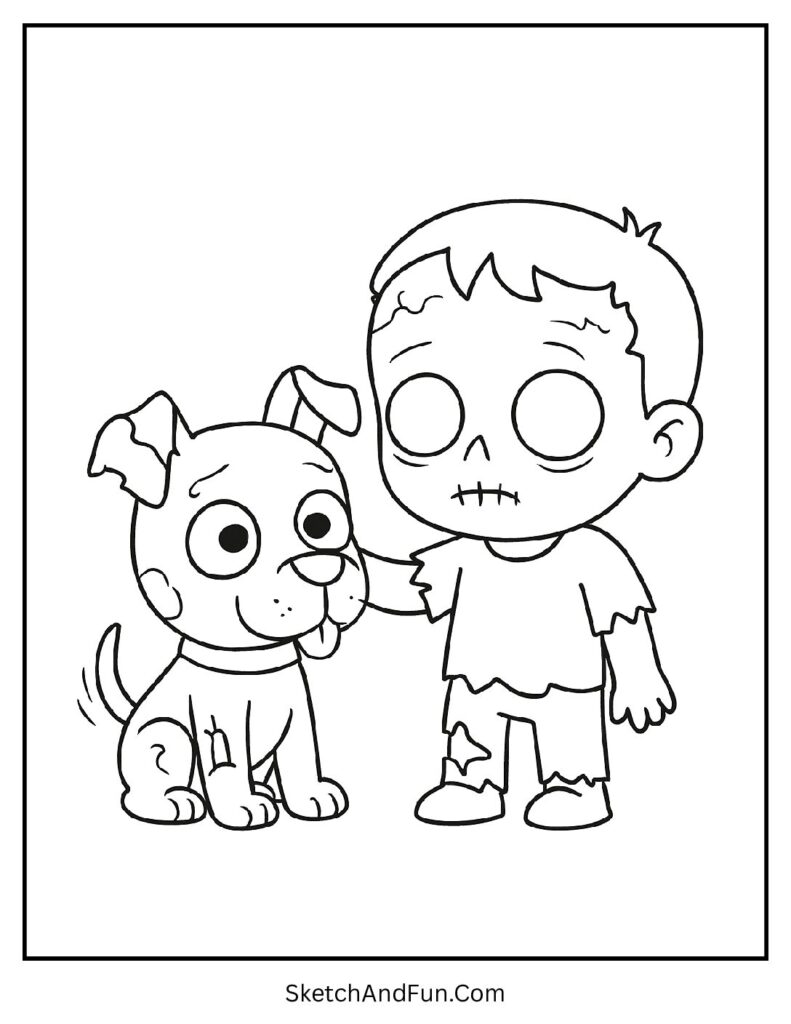 Cute zombie puppy with glowing eyes – cute zombie coloring pages for little ones.