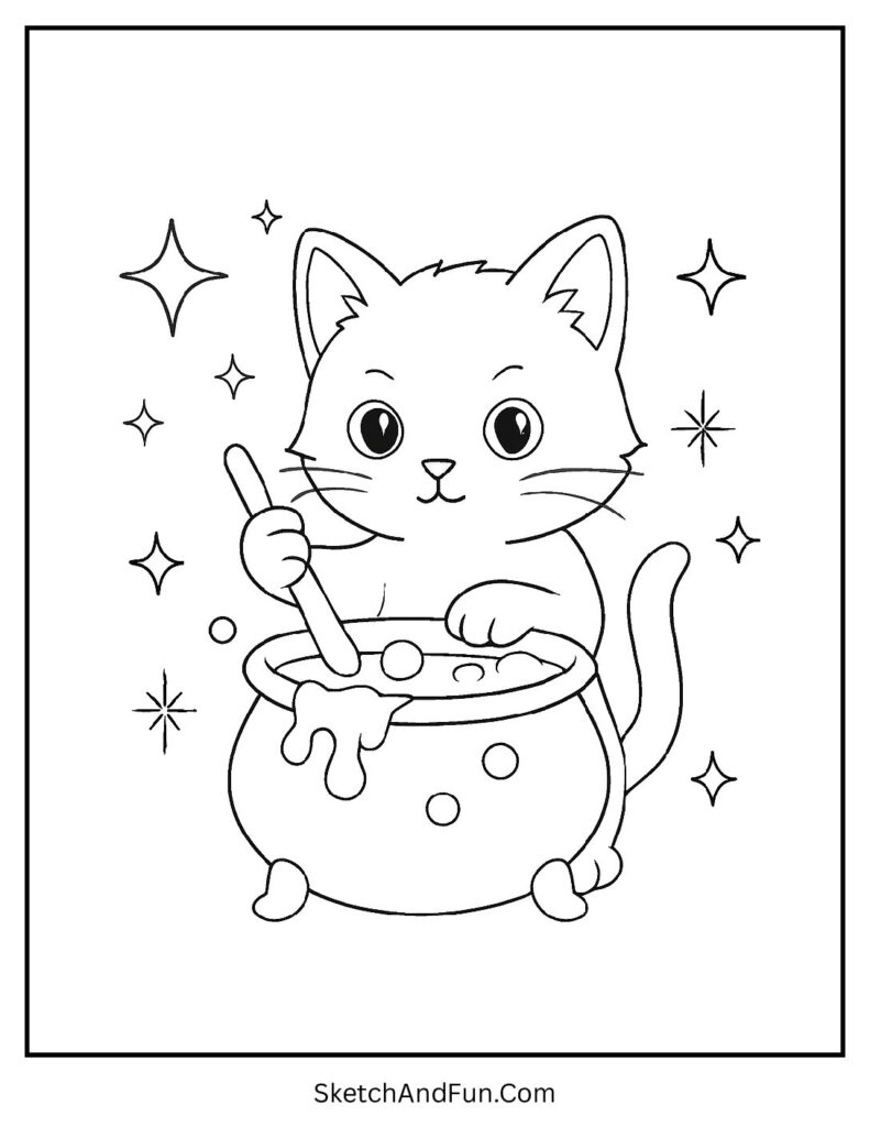Kitten mixing colorful potions in cauldron for exciting fancy kitten coloring pages.