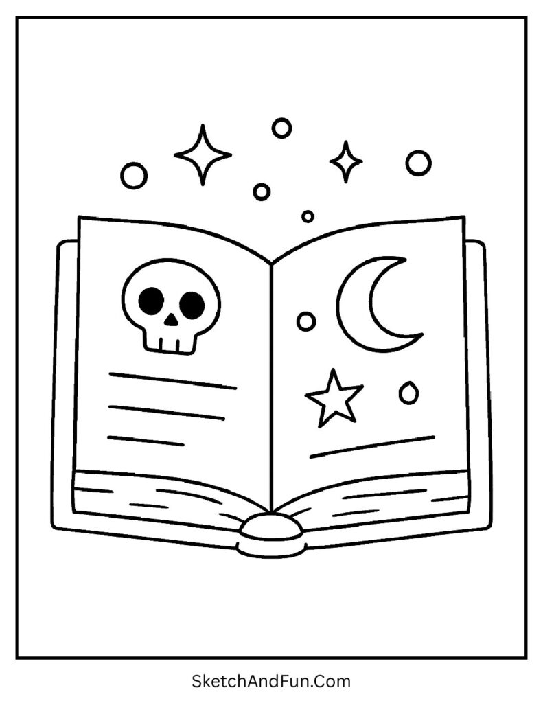 A magic spell book with stars and symbols – Halloween activity coloring sheets