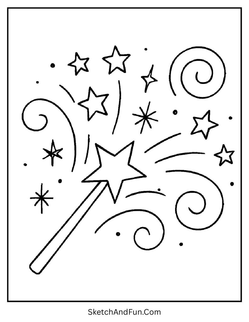 A magic wand casting sparkles in the air – Halloween doodle coloring pages