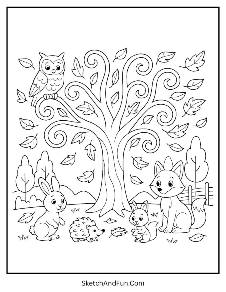 Autumn tree with falling leaves for thanksgiving coloring by number pages.