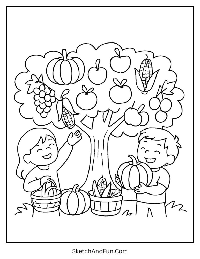 Tree with pumpkins, grapes, and corn for harvest coloring pages kids printable.