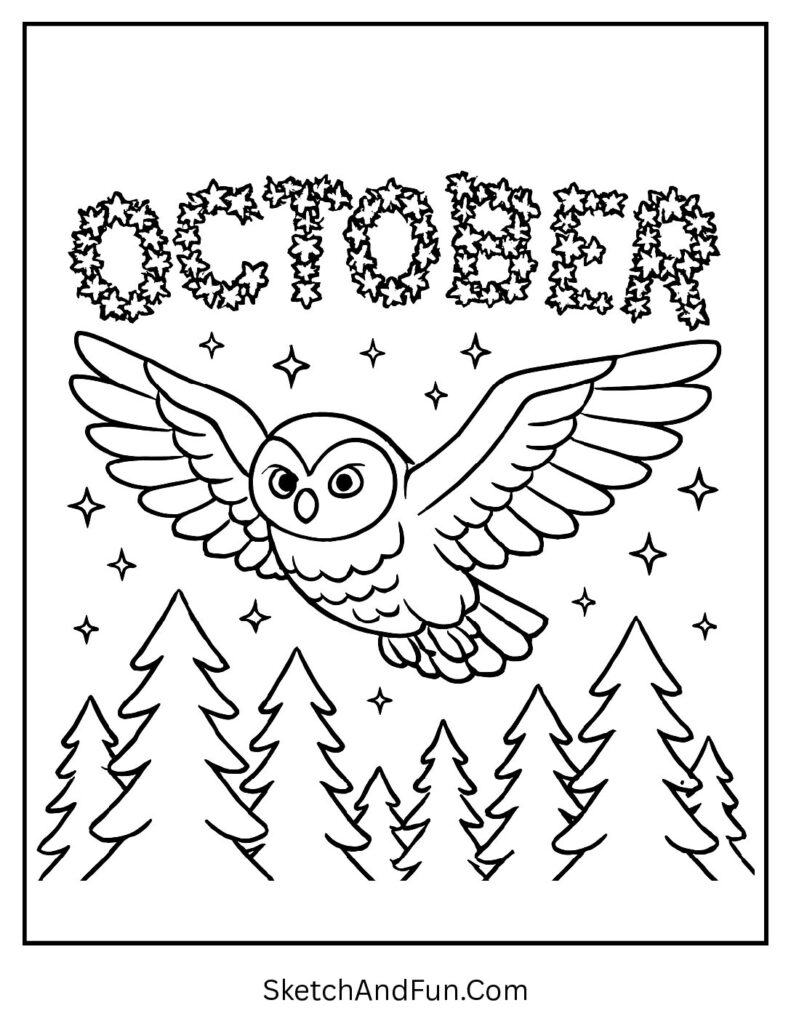 Owl flying under stars that spell “October” – free printable October coloring pages
