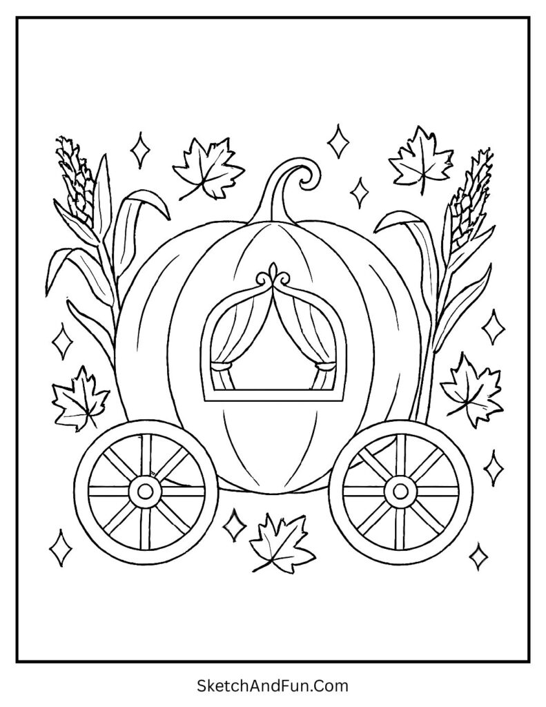 Pumpkin carriage glowing on detailed Thanksgiving coloring pages fairy style.