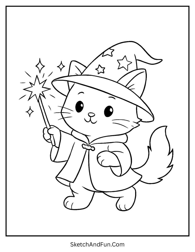 Wizard kitten casting sparkles for magical cat face coloring pages with bright colors.