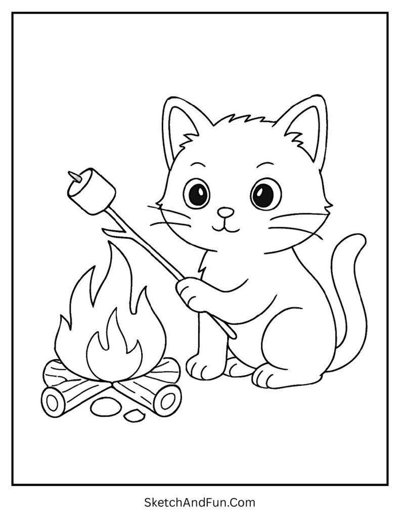 Kitten roasting marshmallows at fire for cozy educational cat coloring pages for preschool.
