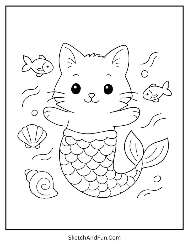 Magical mermaid kitten swimming with fish for dreamy cat coloring pages for kids’ creative fun.