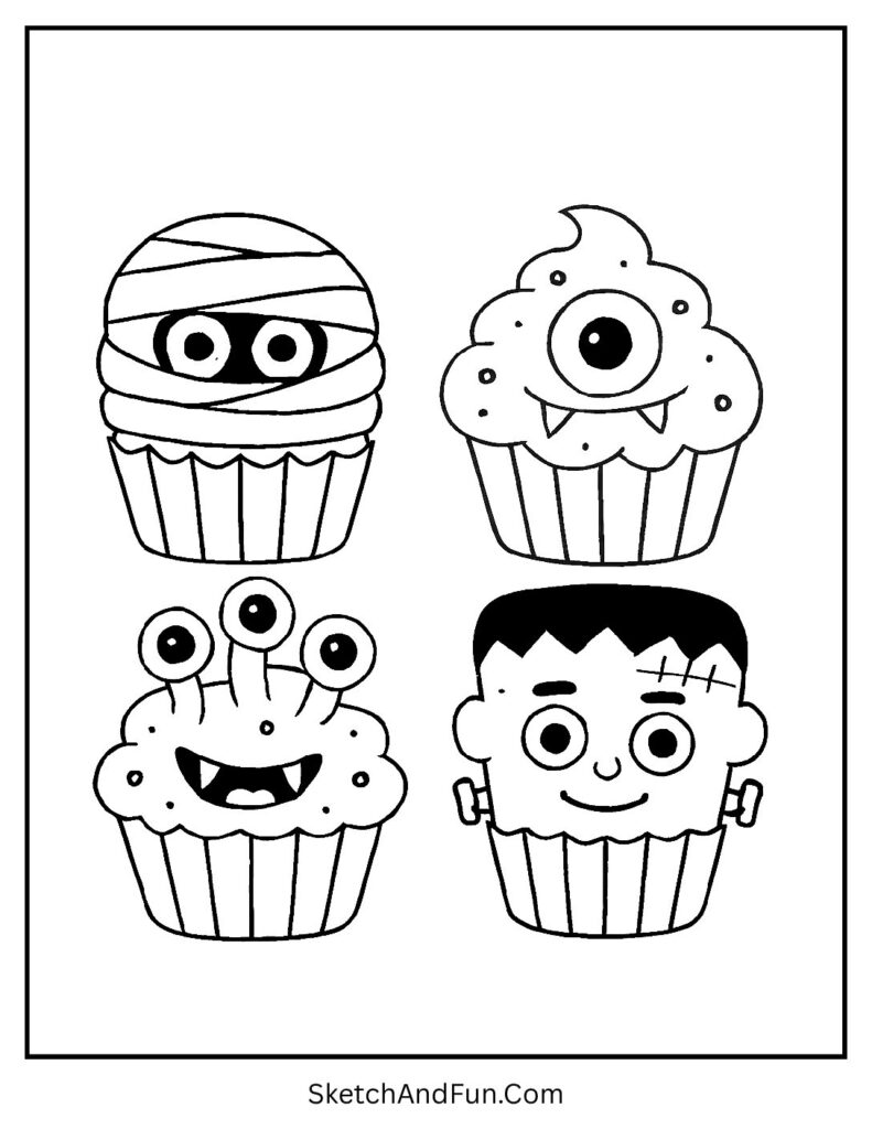 Monster Cupcakes Halloween Coloring Sheet 1 pdf