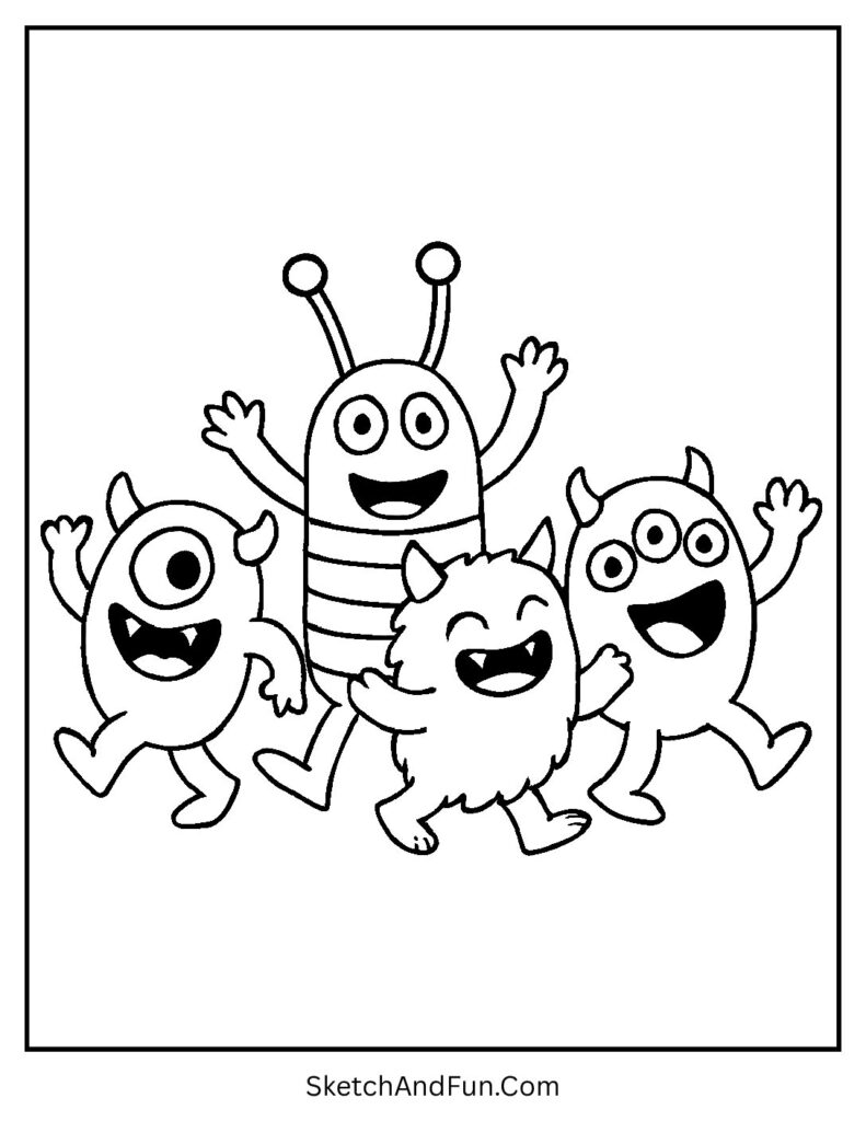 Cute little monsters marching in a parade – funny Halloween coloring pages
