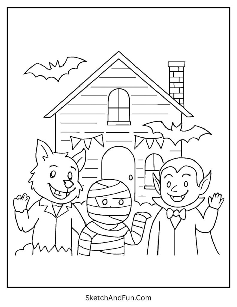 Monsters gather in haunted house coloring pages for kids.