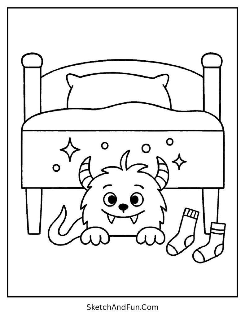 A silly monster hiding under a bed – cartoon Halloween coloring pages