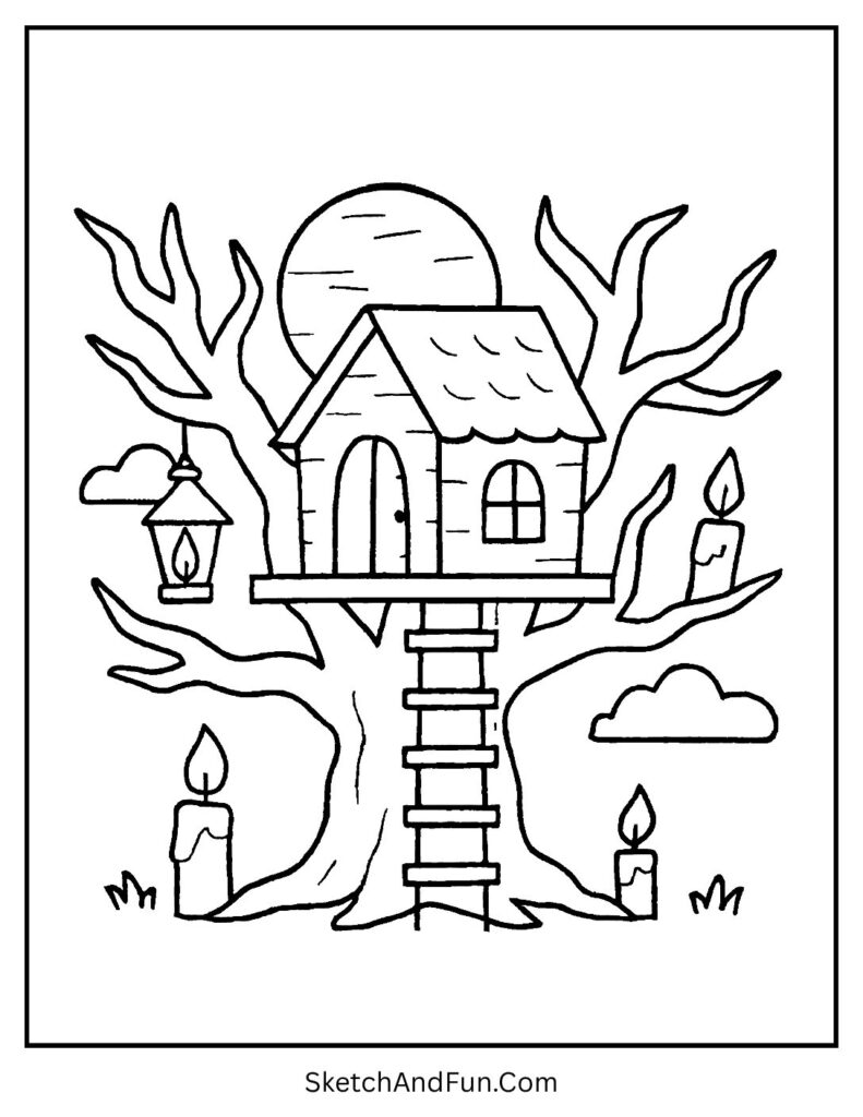 A treehouse glowing with lanterns at night – Christian Halloween coloring pages