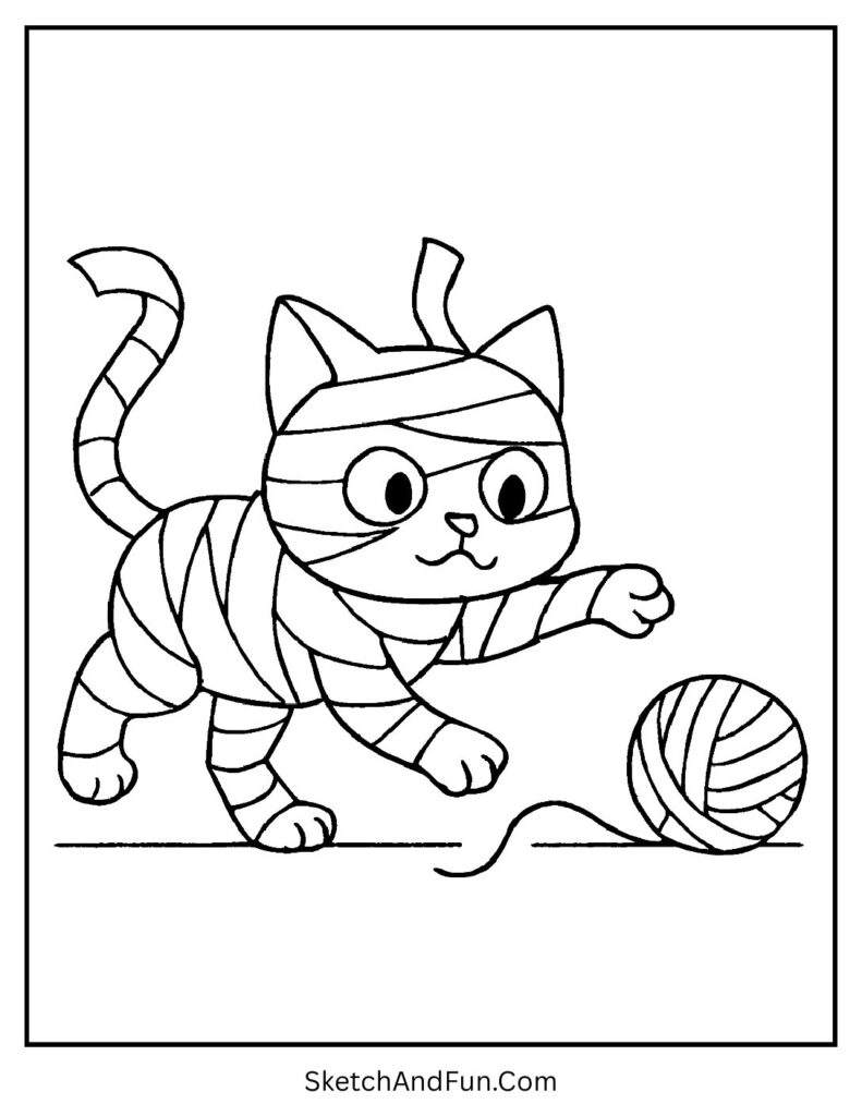 A mummy-wrapped cat playing with yarn – Halloween religious coloring pages