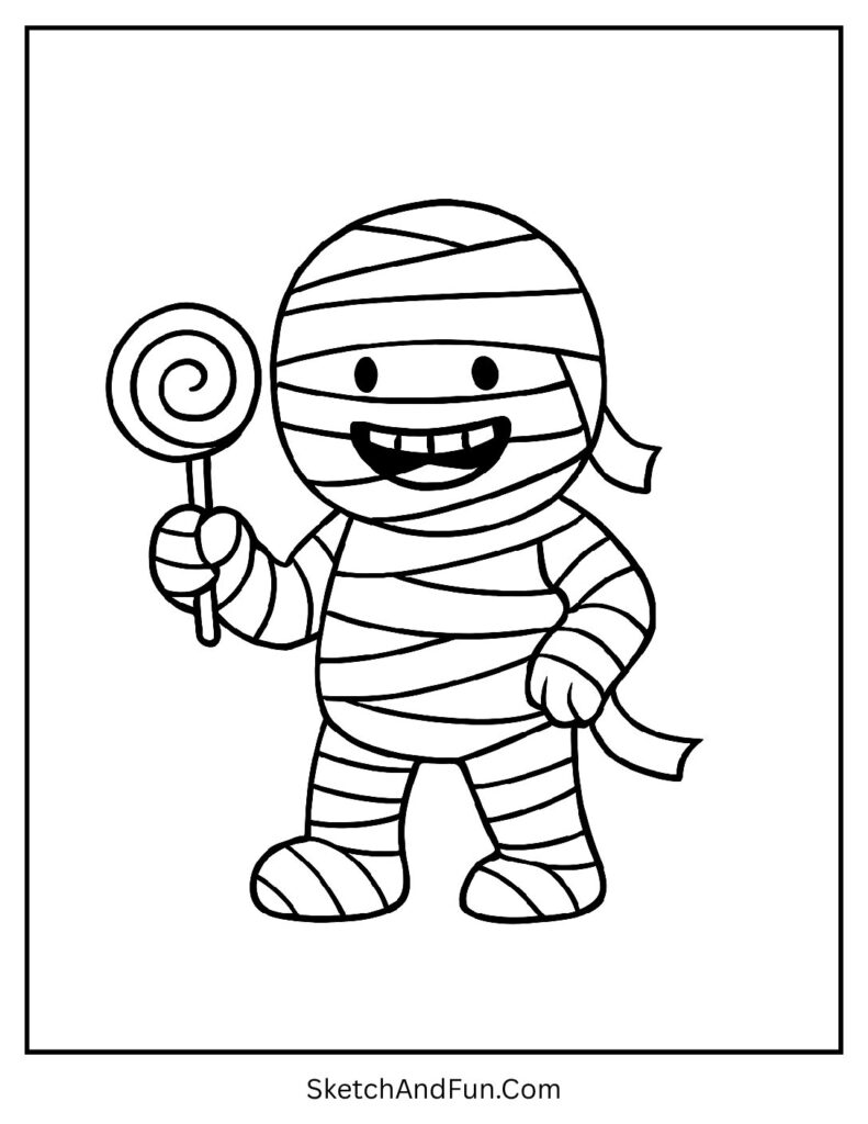 A mummy holding candy with a big grin – Halloween mummy coloring pages