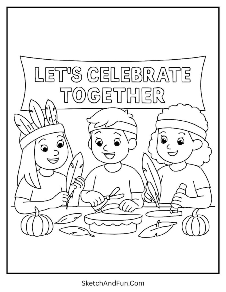 Kids making feather headdresses on Thanksgiving coloring pages preschool craft scene.