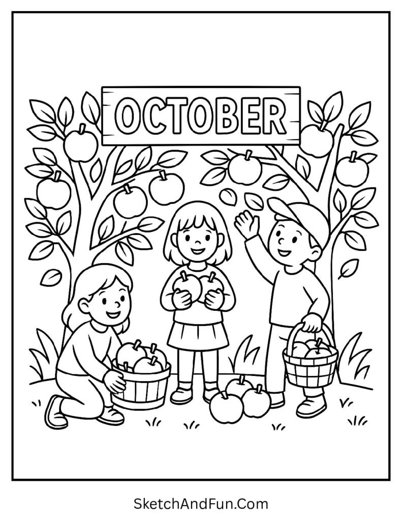 Kids picking apples with “October” on sign – October harvest coloring pages