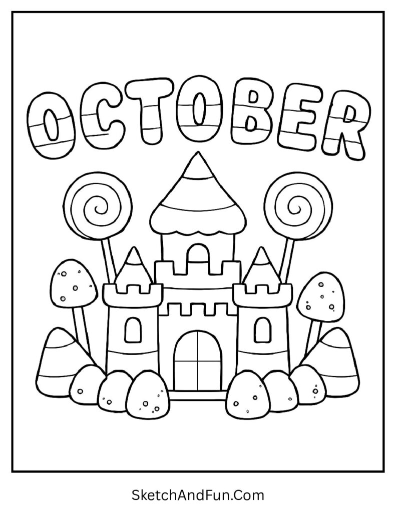 Candy castle with “October” at the top – free October coloring pages