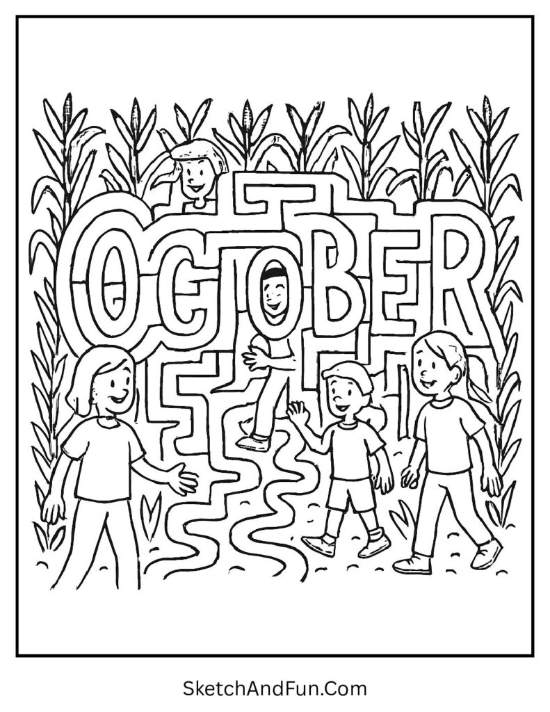 Kids in corn maze shaped like “October” – educational October coloring pages