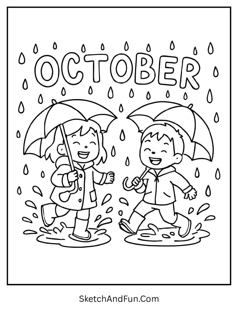 Kids splashing in puddles with raindrop “October” – October coloring sheets for preschool