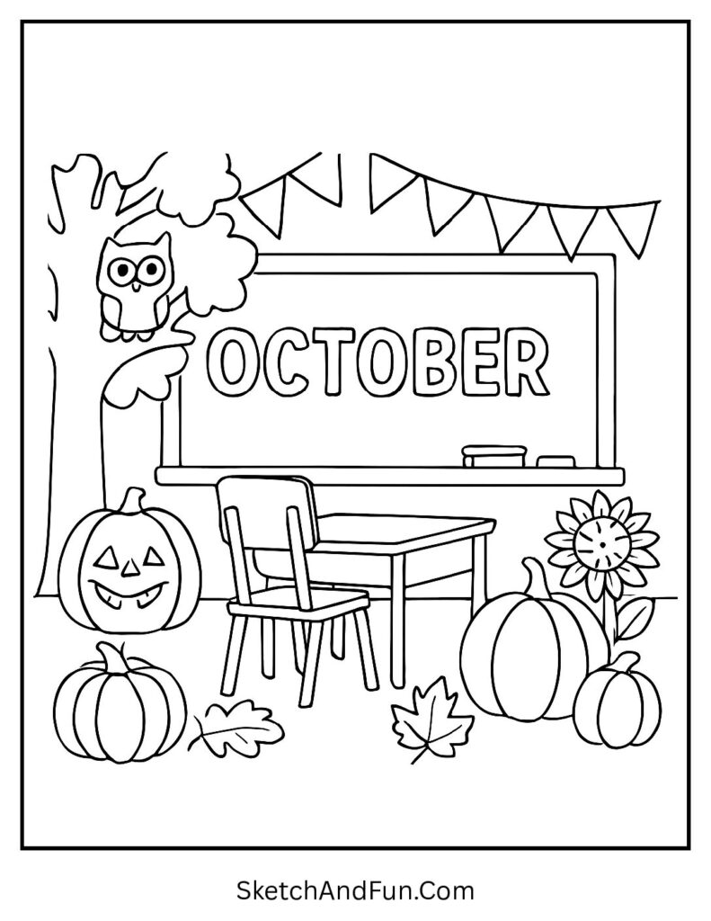 Classroom with fall decor and chalkboard saying “October” – October coloring pages for kids