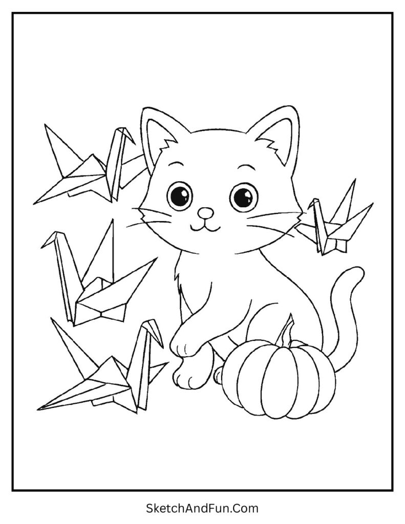 Playful kitten with folded cranes for creative seasonal cat coloring pages printable.