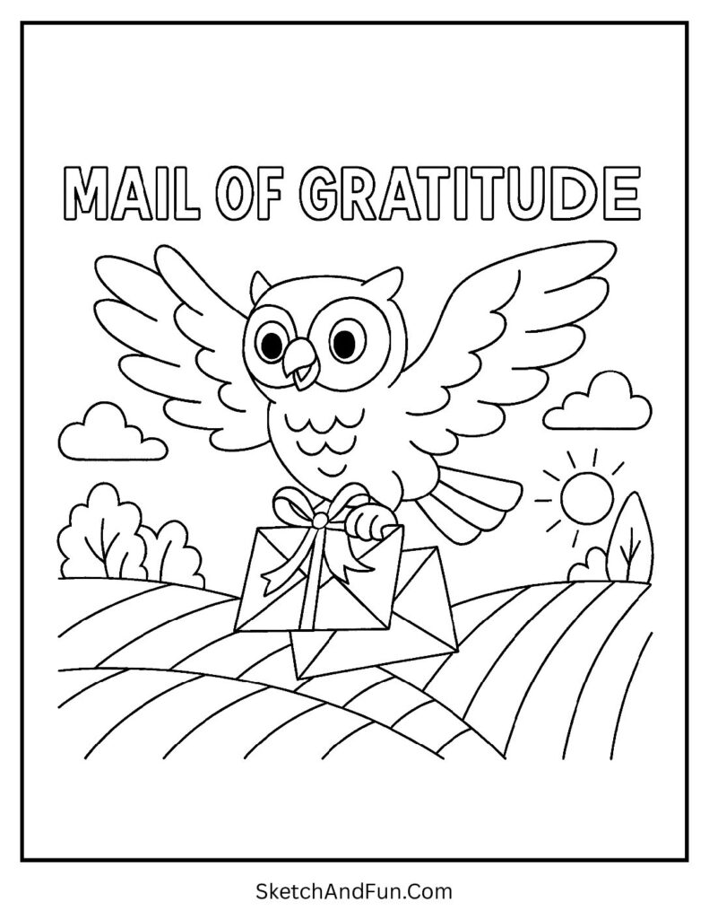 Owl carrying letters for thanksgiving coloring printable sheets.