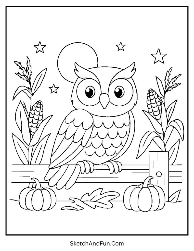 Owl on fence under moon on thanksgiving coloring pages leaves with harvest field.