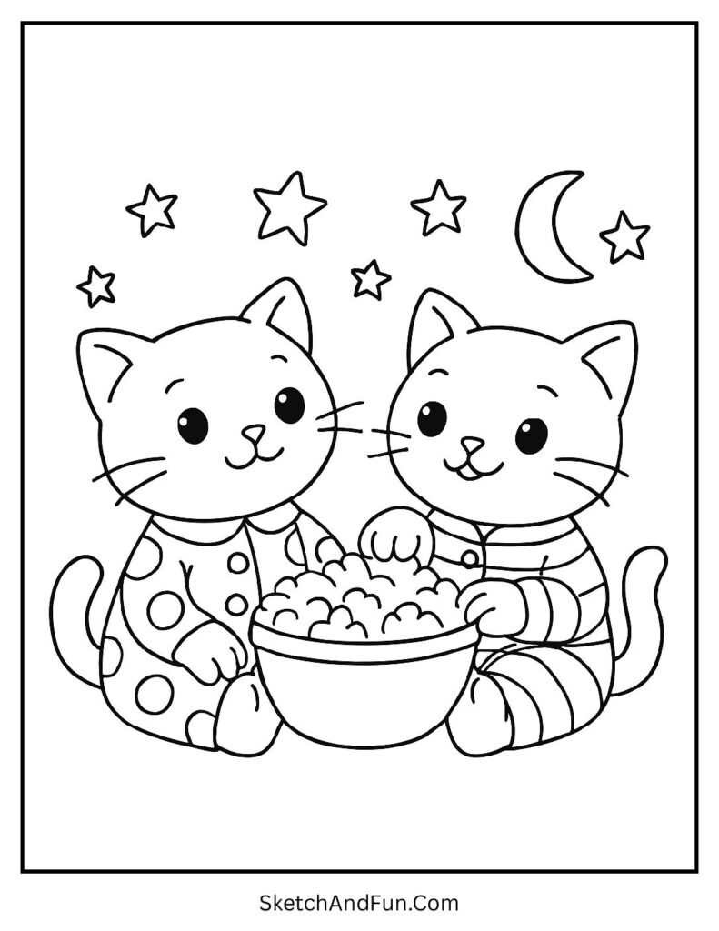 Two kittens in pajamas sharing popcorn under stars for a cute cat coloring sheet bedtime theme.