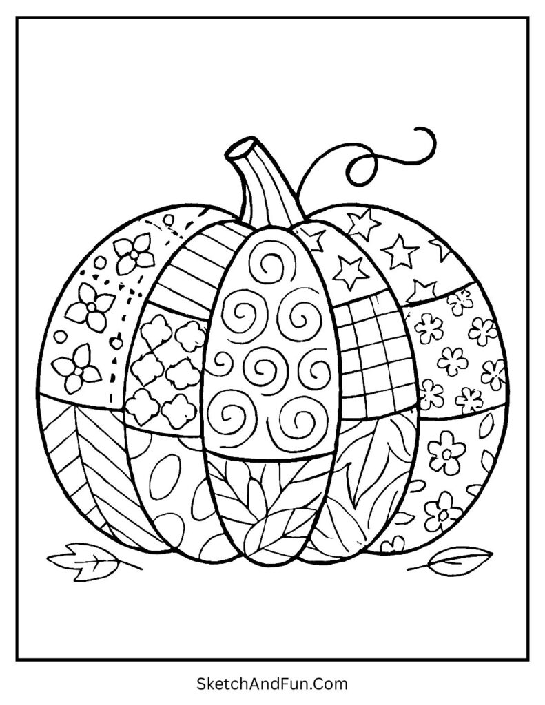 Cute fall coloring pages with a giant stitched pumpkin full of cozy patterns