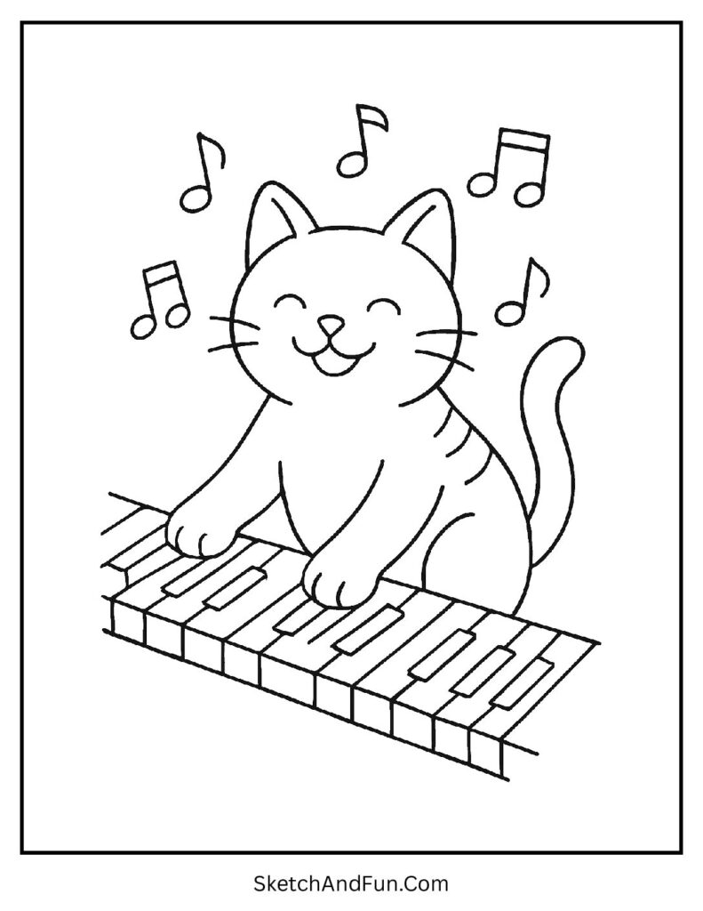 Musical kitten pawing piano for charming cat coloring pages to print at home.