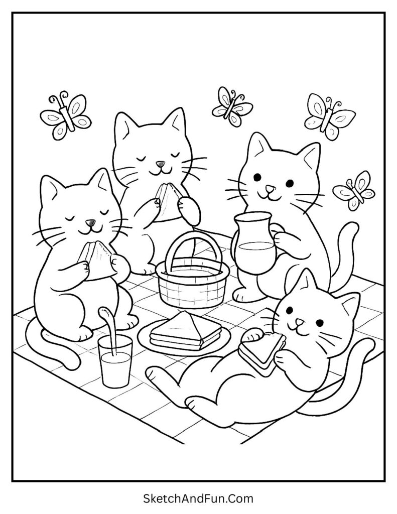 Kittens enjoying food outdoors for a cheerful simple cat coloring sheet picnic scene.