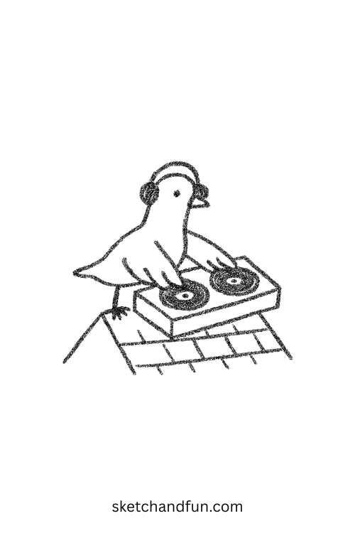 Pigeon DJ spinning on rooftop, goofy ahh drawing TikTok concept with city party vibes