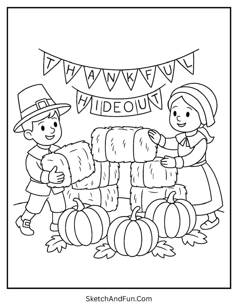 Pilgrim kids building hay fort for thanksgiving coloring sheets for educators.