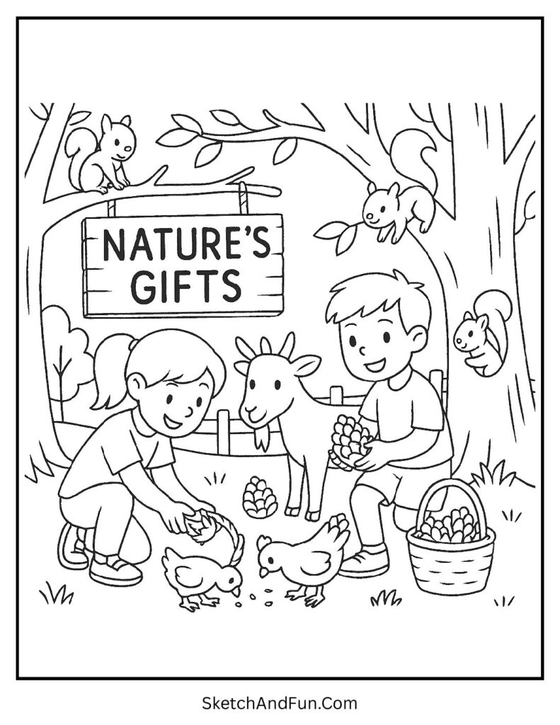 Pilgrim kids with pinecones for thanksgiving coloring pages November.