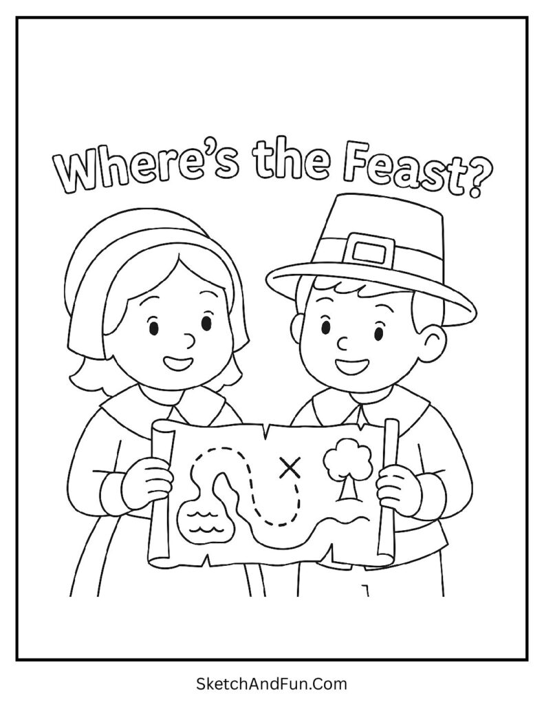 Pilgrim kids with map for thanksgiving coloring pages place mats.