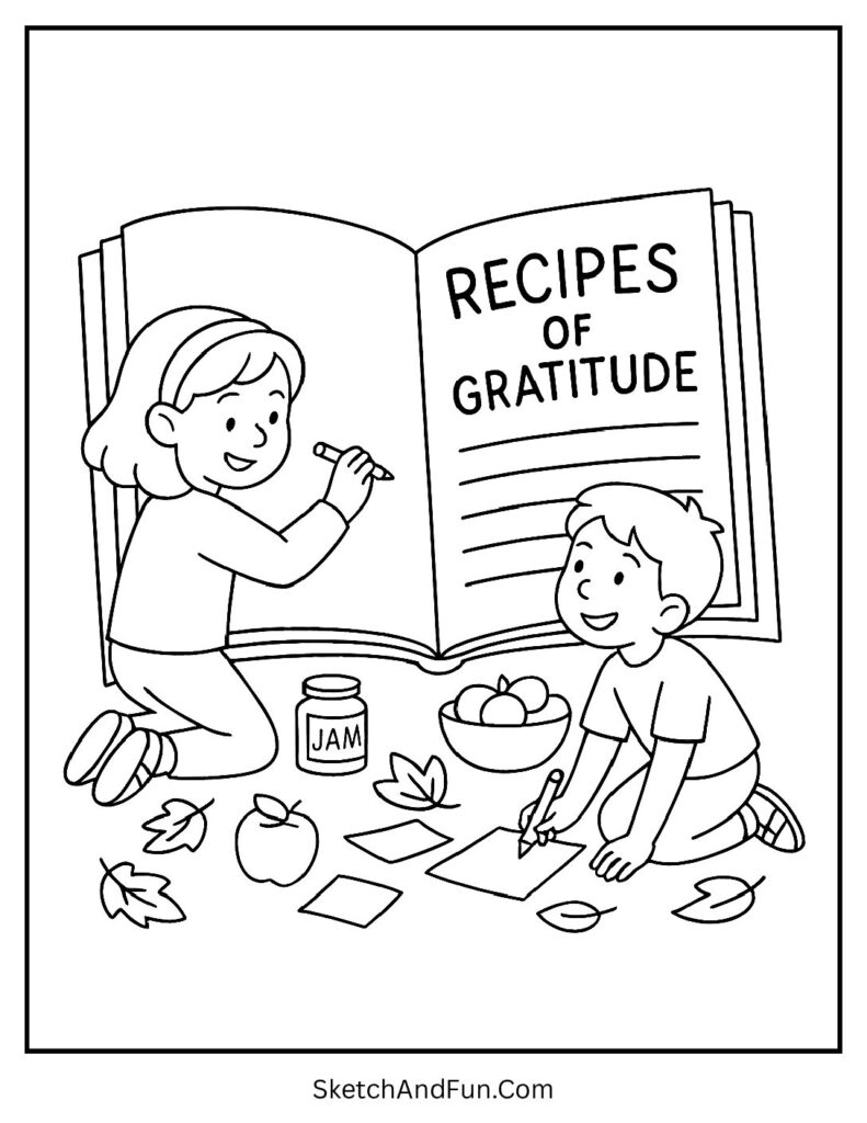 Pilgrim kids writing recipes for thanksgiving coloring pages gratitude quotes.