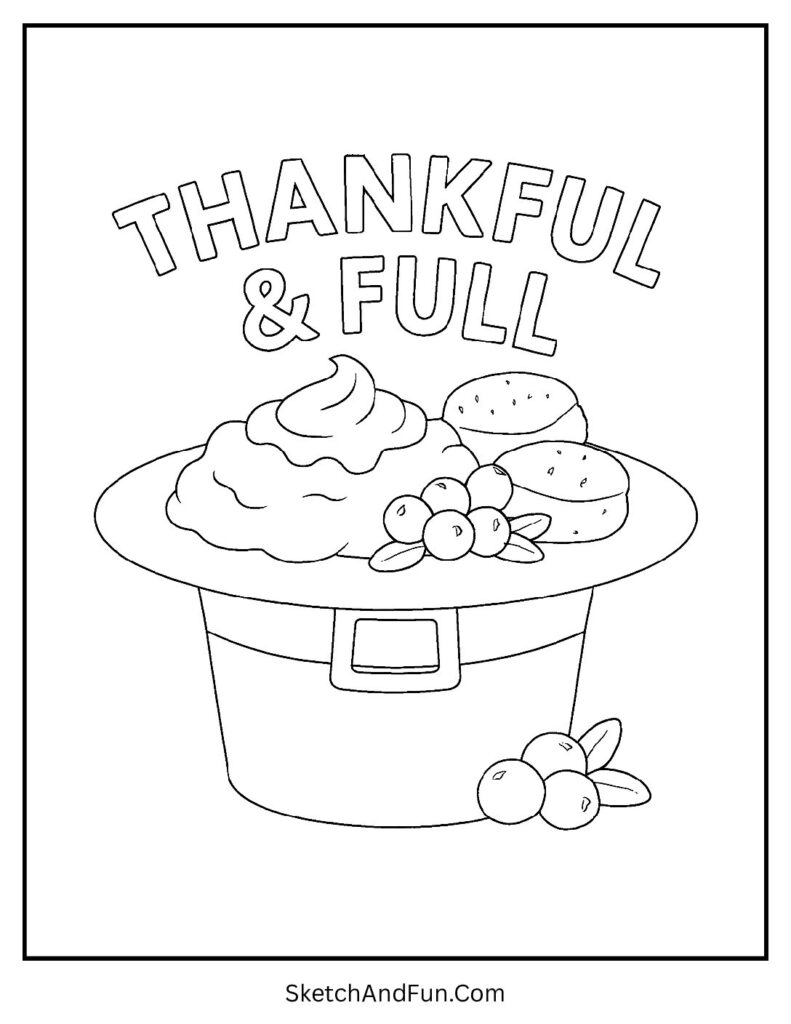 Pilgrim hat filled with treats on Thanksgiving food coloring pages for a festive meal.