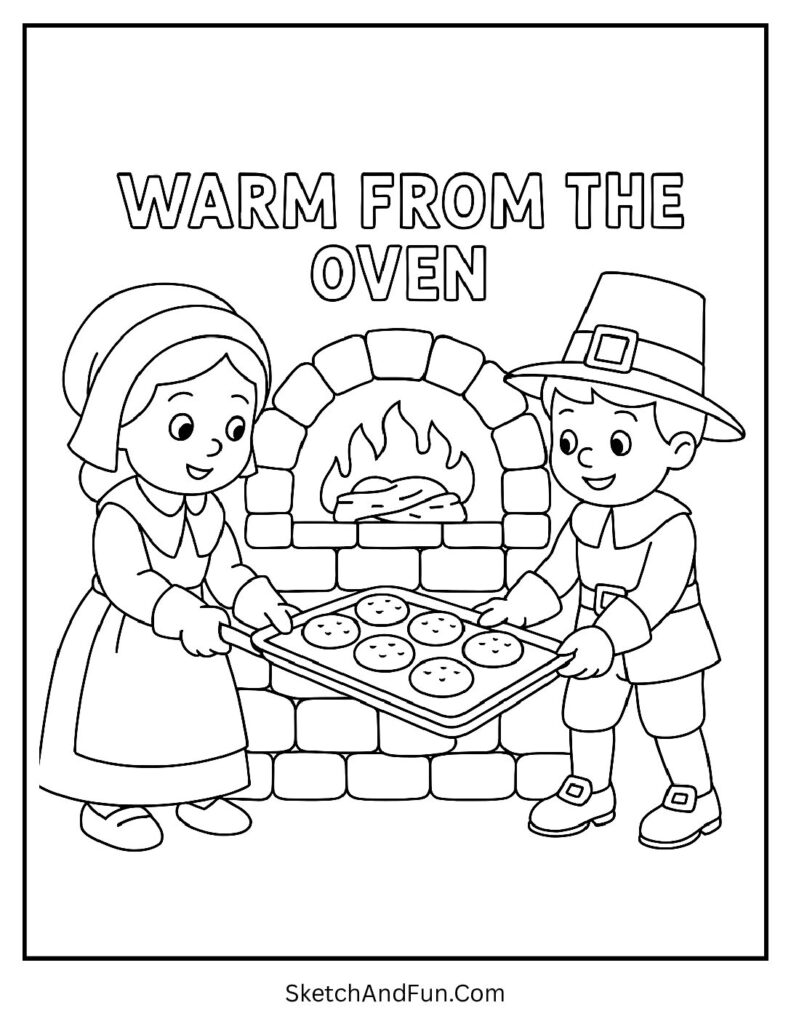 Pilgrim kids baking biscuits for thanksgiving coloring pages thanksgiving placemats.