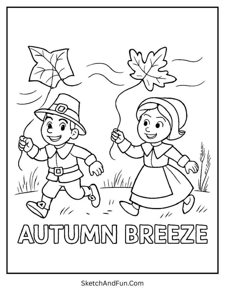 Kids flying kites on Give Thanks coloring page with golden autumn field.