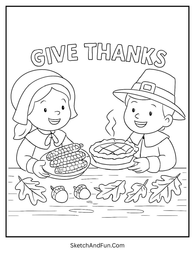 Pilgrim children sharing food on pilgrims coloring pages with autumn leaves.