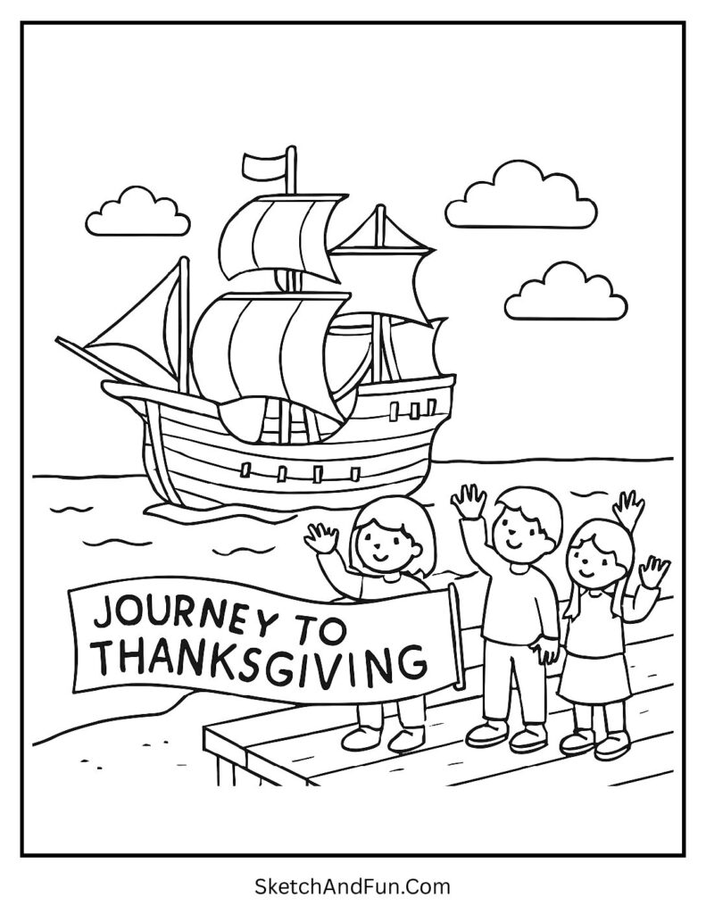 Mayflower ship arriving on coloring Thanksgiving pages for adults and kids.