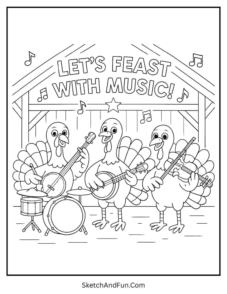 Turkey band in barn on Thanksgiving coloring pages mandala with musical vibe.