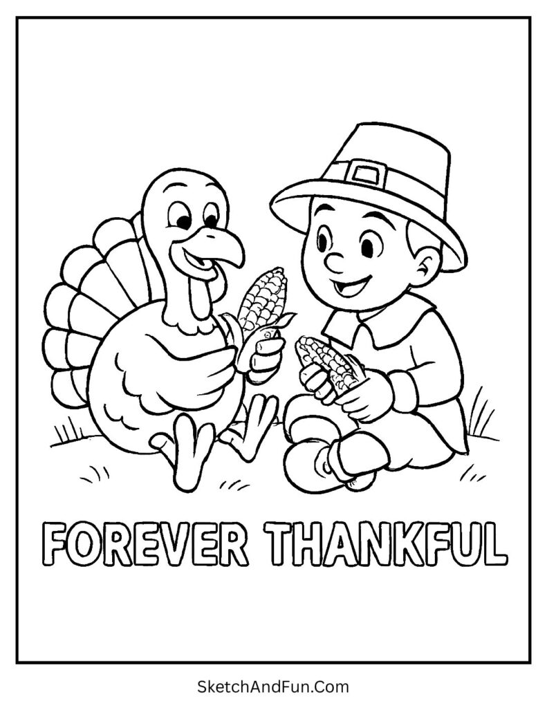 Pilgrim and turkey sharing corn on thanksgiving coloring pages easy friendly scene.